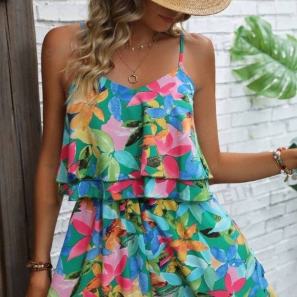 Boho Plant Print Ruffle Trim Cami Romper - Picture 1 of 4